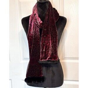 Women's Burgundy Pink Red Damask-style Print Velvet Faux Fur Trim Oblong Scarf